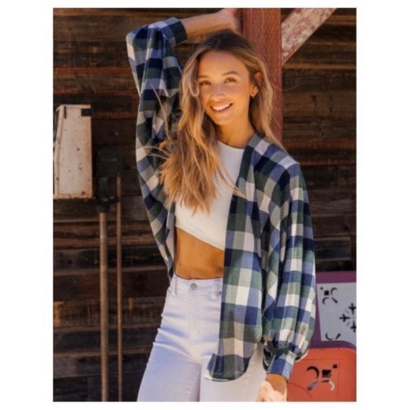 New Fall  Green,Navy, Ivory Checkered Plaid Lightweight Open Cardigan/Kimono - Picture 3 of 6